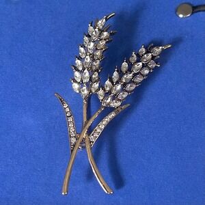 Wheat Stalk Gold Tone Brooch Pin Clear Marquise Crystal Rhinestone Botanical